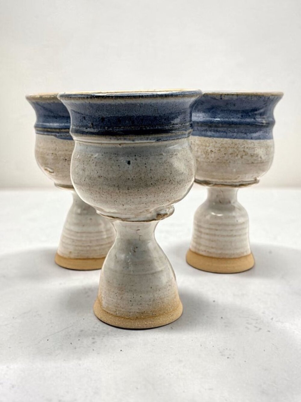 Studio Pottery Goblets Set of 3 Blue Cream Speckled Ceramic Chalice Cups 6"